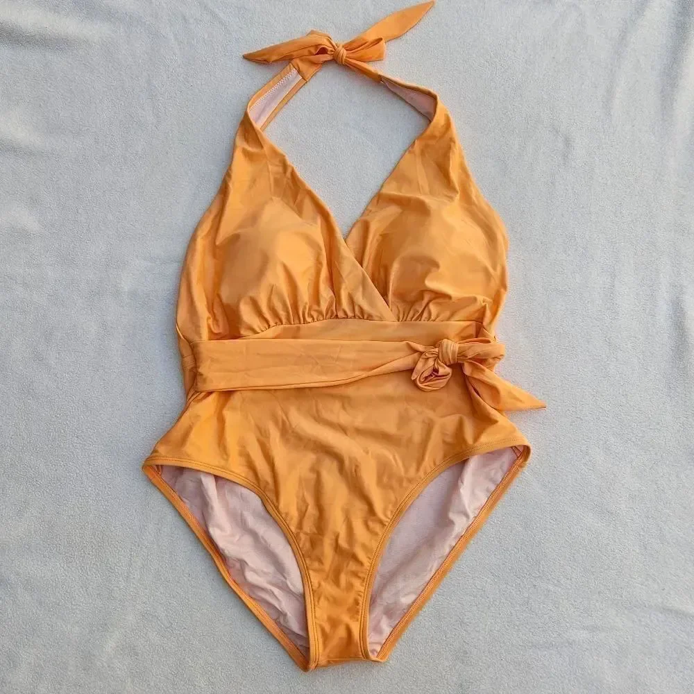 Cupshe Summer of Love Halter Belted Tummy Control Plus Size One Piece Swimsuit